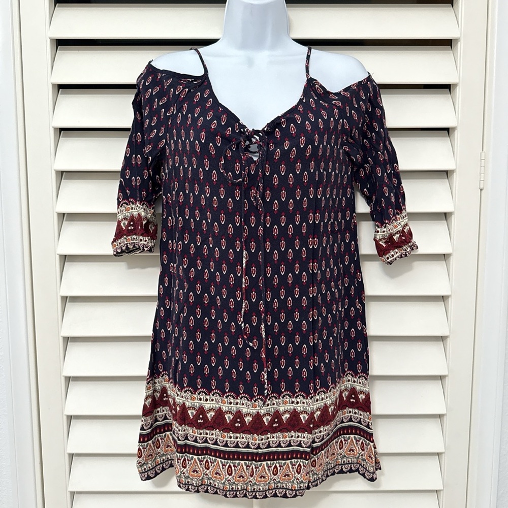 Papaya Navy and Red Patterned Long Sleeve Dress